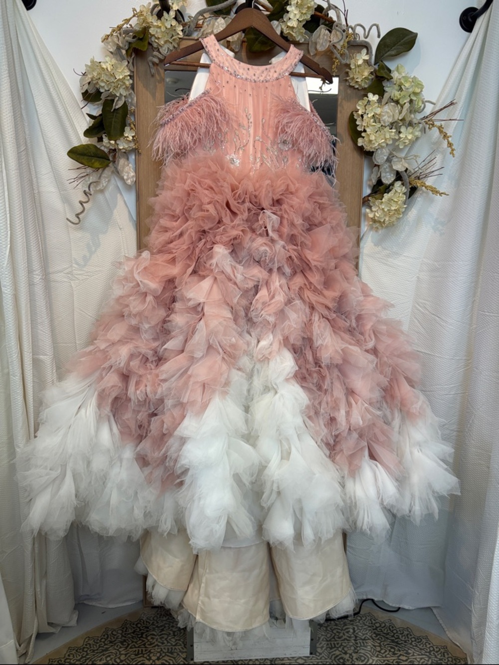 Kingdom Boutique Blush Pink & White Feathered Tulle Gown